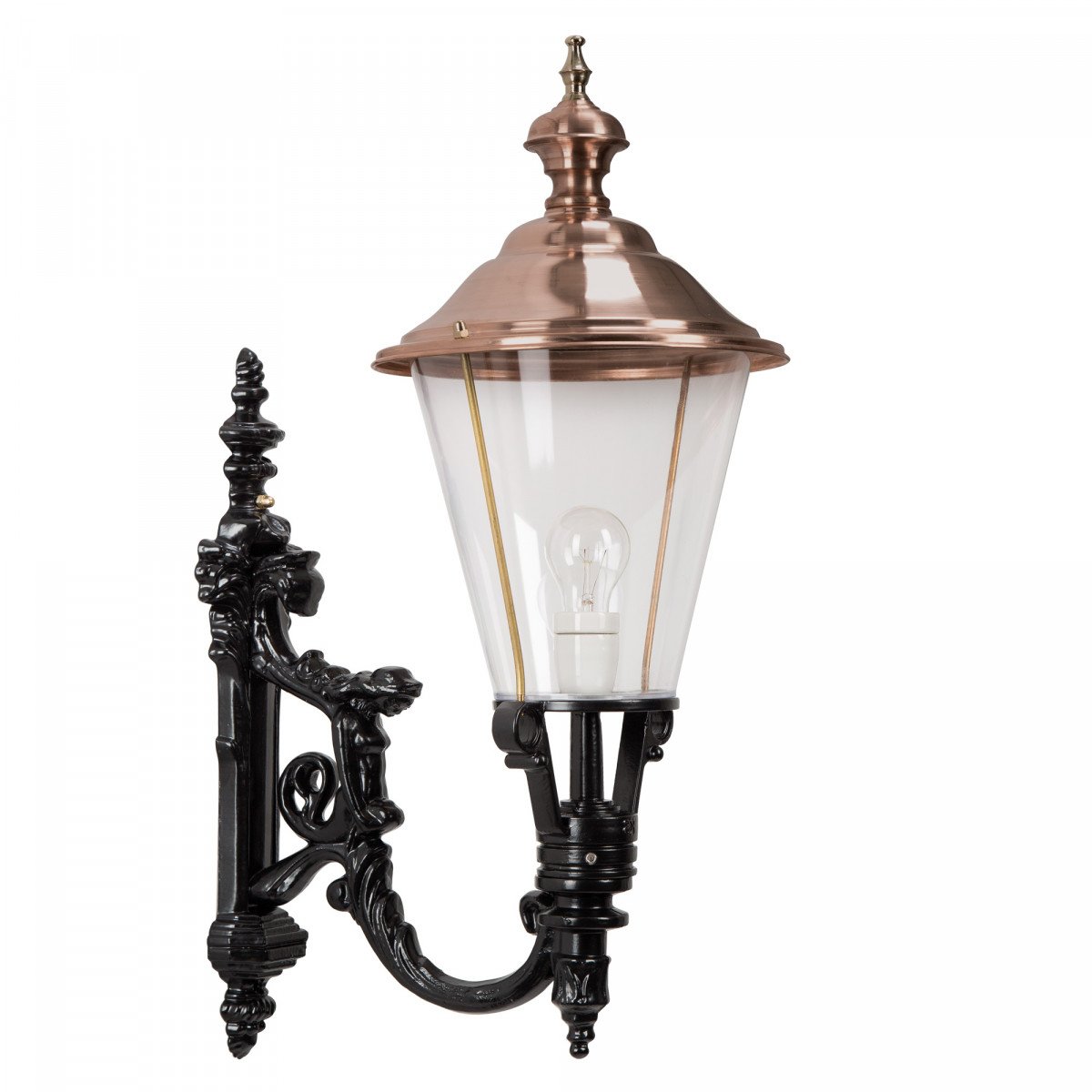 Muurlamp Odense L met koperen deksel, zwarte wandarm en helder kunststof glas