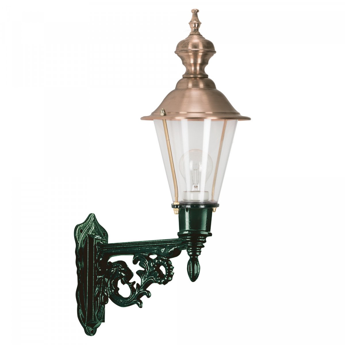 Buitenlamp Urk M met koperen deksel en groene wandarm met sierlijke details