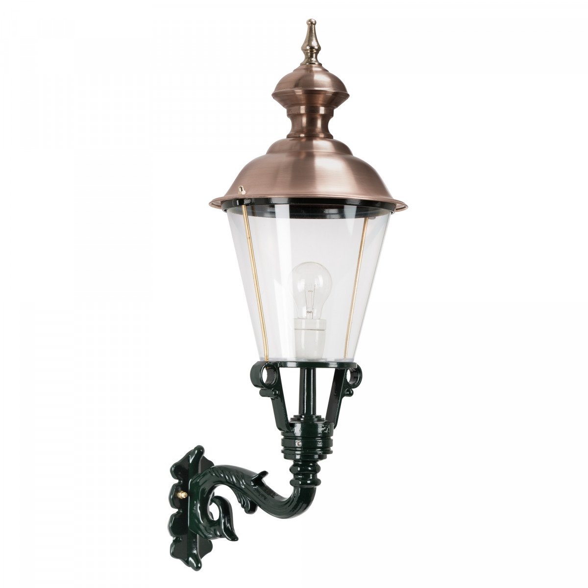 Muurlamp Monnickendam L met koperen deksel, messing stangen en groene wandarm