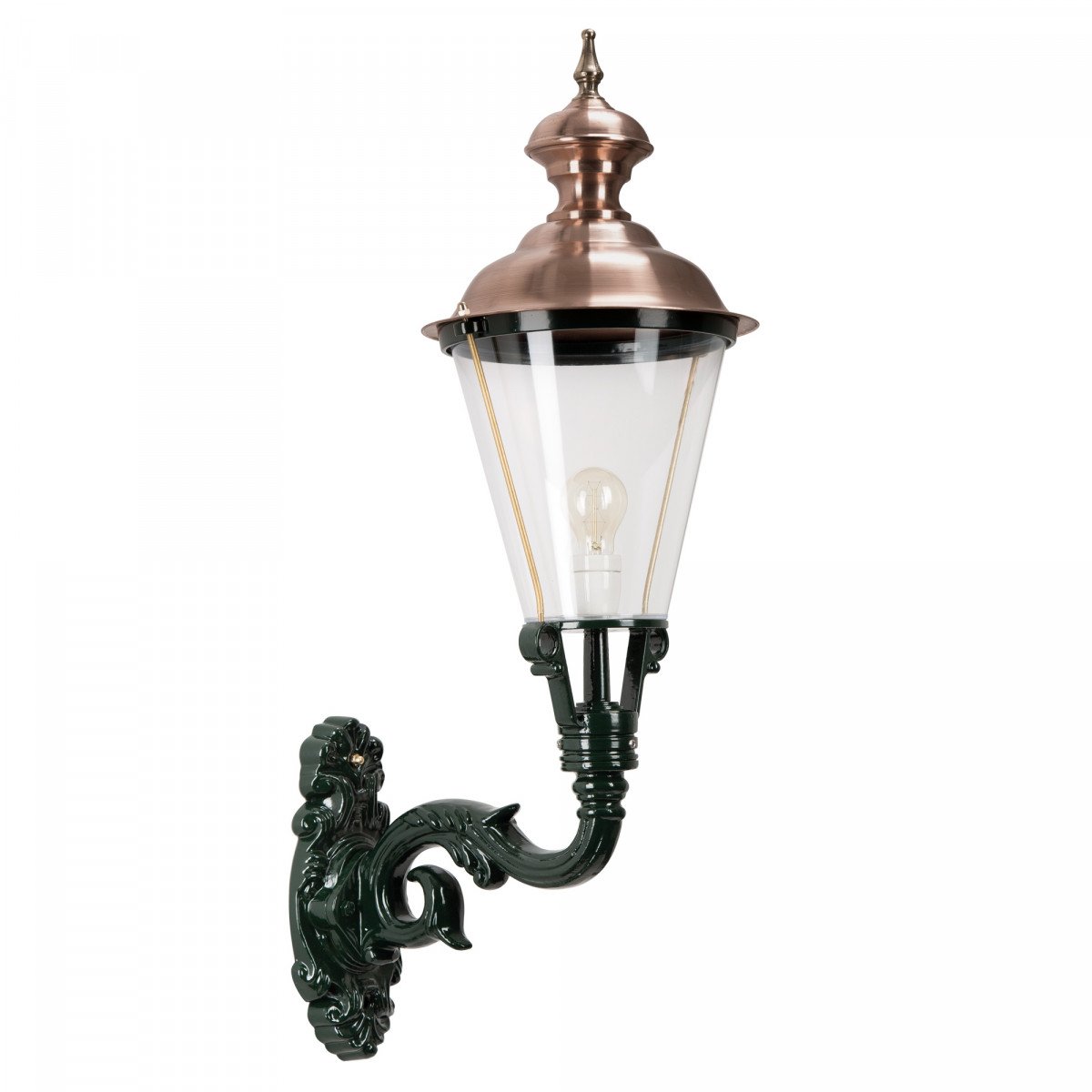 Buitenlamp Volendam XL met koperen deksel, klassieke wandarm en porseleinen fitting