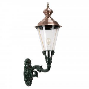 Buitenlamp Volendam XL met koperen deksel, klassieke wandarm en porseleinen fitting Buitenlamp Volendam XL met koperen deksel, klassieke wandarm en porseleinen fitting