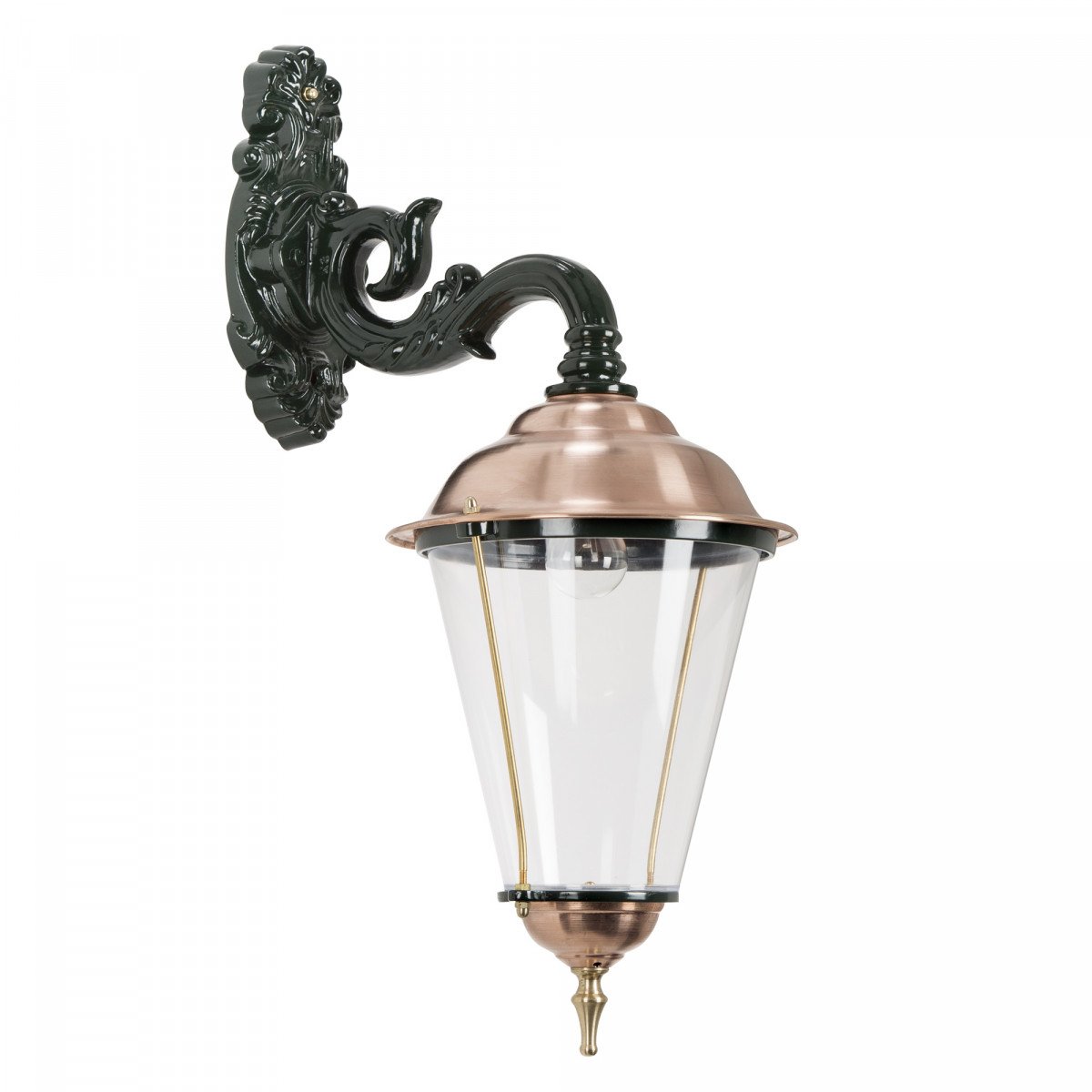 Buitenlamp Volendam hang met koperen deksel en sierlijk gebogen wandsteun