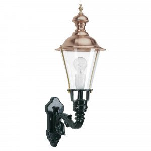 Muurlamp Den Burg L met koperen deksel, zwarte wandsteun en heldere kap Muurlamp Den Burg L met koperen deksel, zwarte wandsteun en heldere kap
