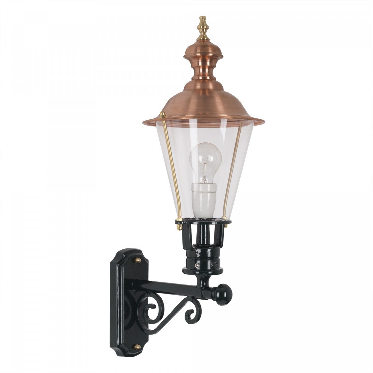 Buitenlamp Arnhem M met koperen deksel en zwarte wandarm, klassieke buitenverlichting