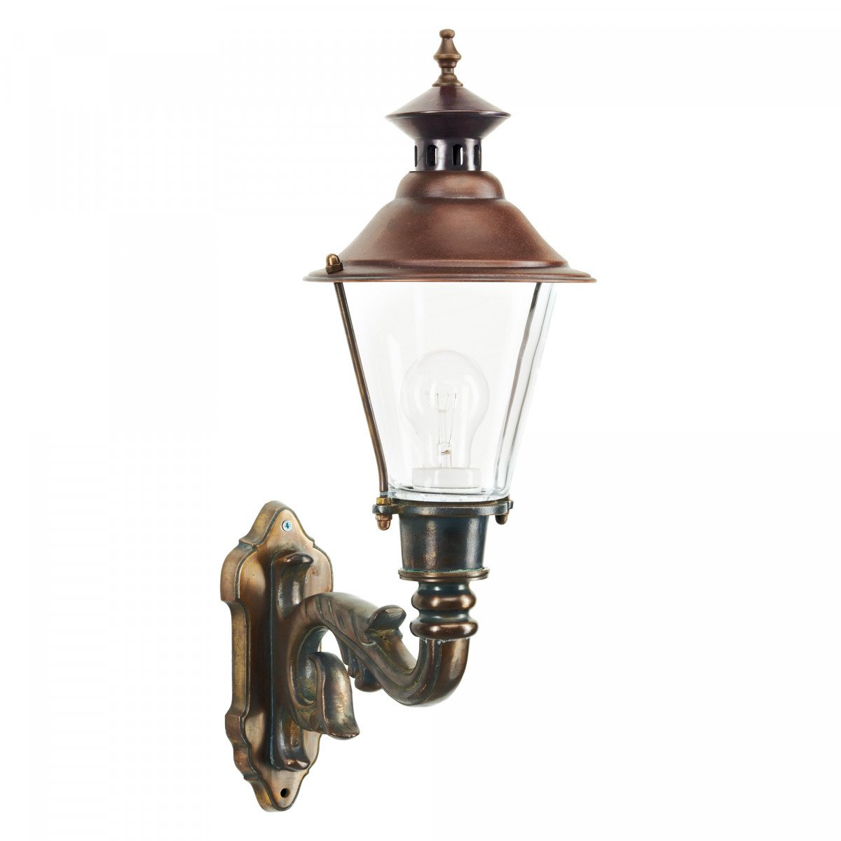 Muurlamp Ouddorp van massief brons met koperen deksel en klassieke wandsteun