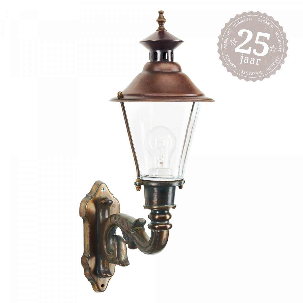 Muurlamp Ouddorp van massief brons met koperen deksel en klassieke wandsteun
