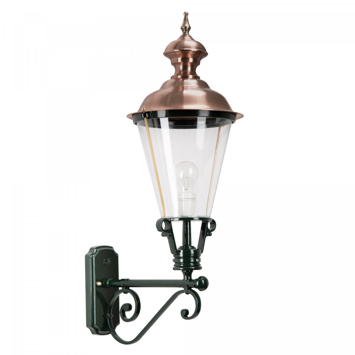 Buitenlamp Baarn L met koperen deksel en sierlijke wandarm in KS groen