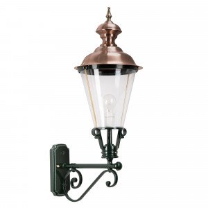 Buitenlamp Baarn L met koperen deksel en sierlijke wandarm in KS groen Buitenlamp Baarn L met koperen deksel en sierlijke wandarm in KS groen