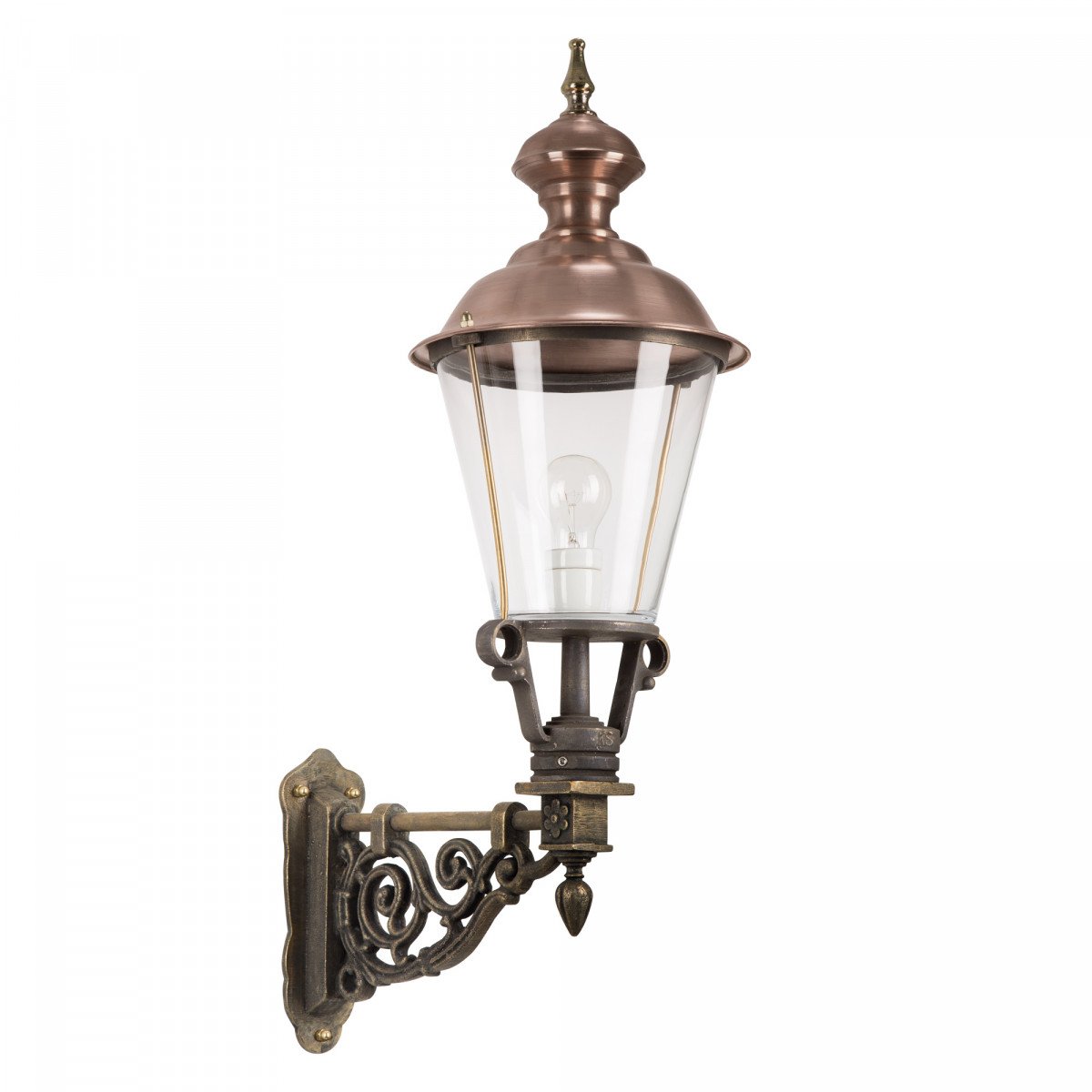 Buitenlamp Lindenberg L van massief brons met koperen deksel en decoratieve wandarm
