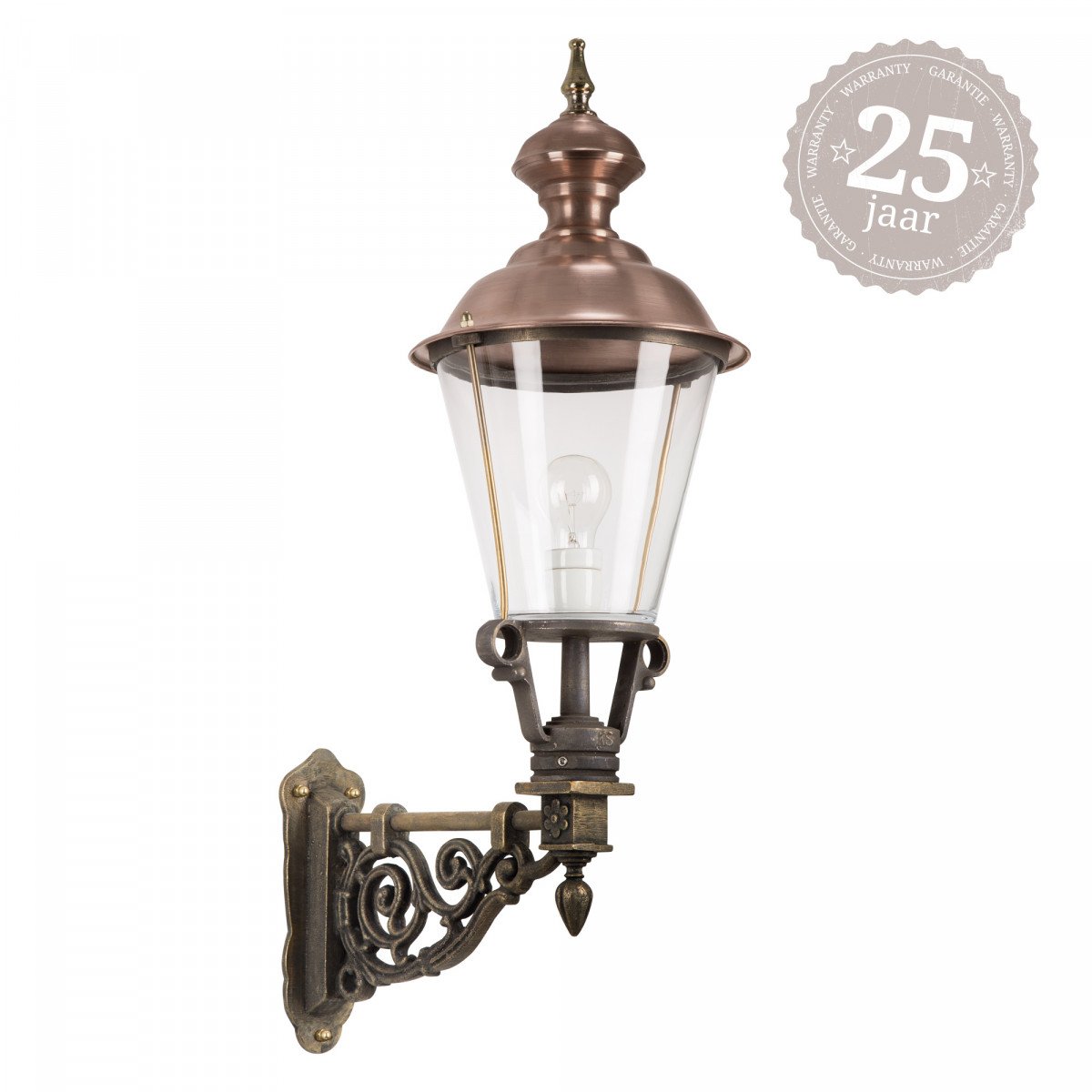 Buitenlamp Lindenberg L van massief brons met koperen deksel en decoratieve wandarm