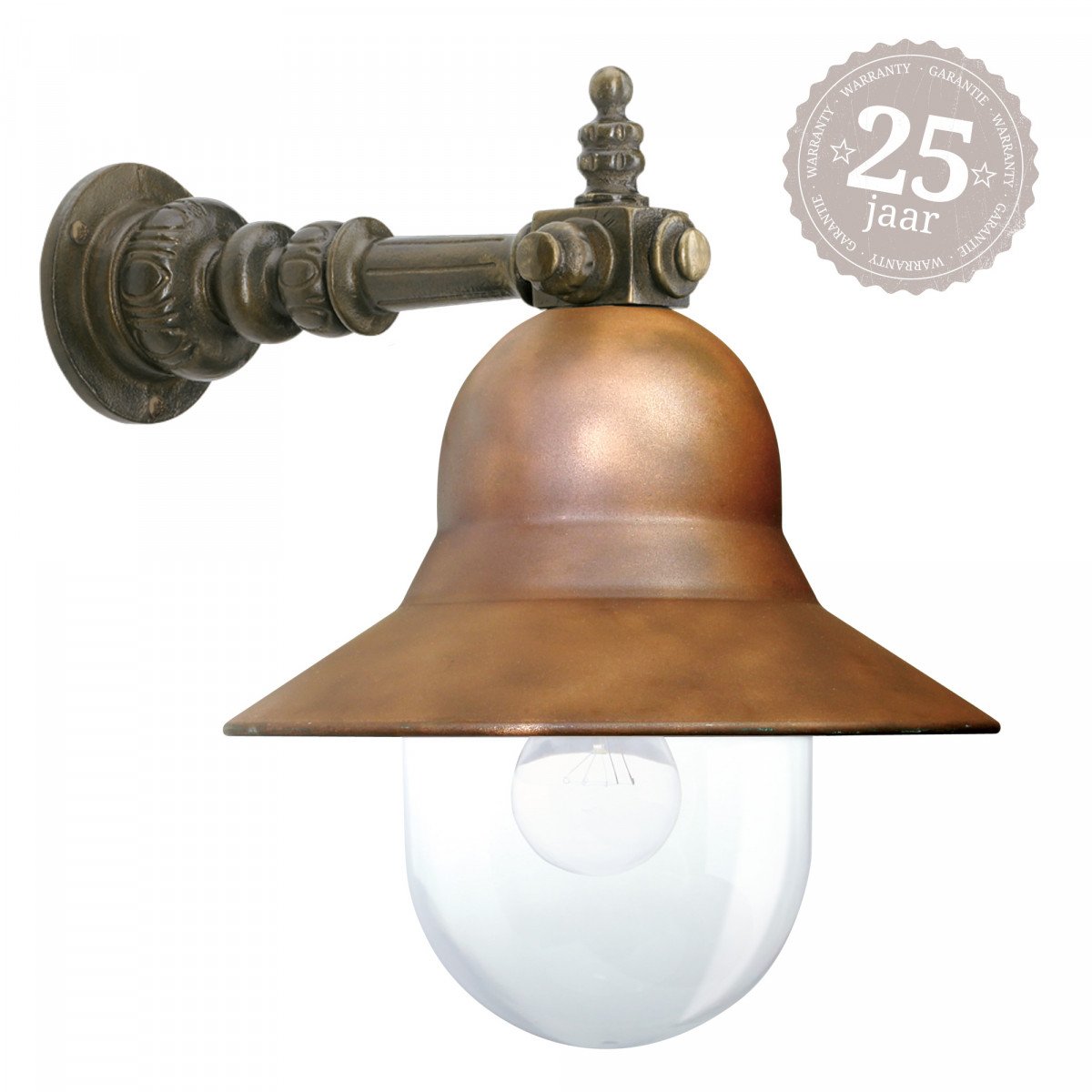 Buitenlamp Bretagne wandmodel met bronzen arm, koperen kap en heldere kunststof stolp – klassieke KS buitenverlichting