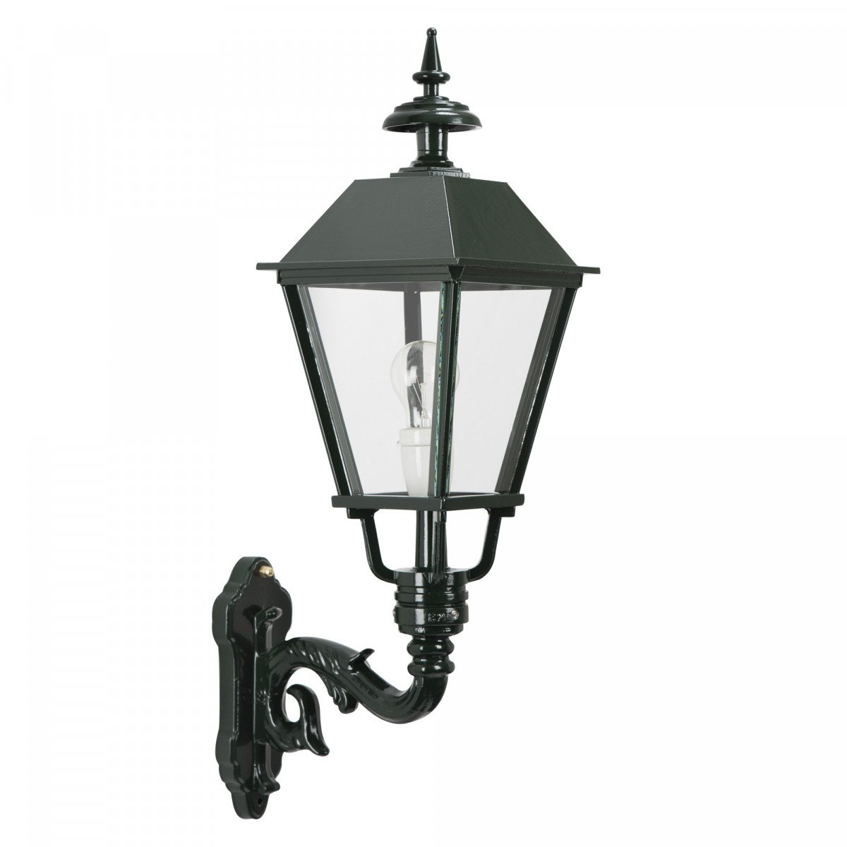 Muurlamp Essen M in klassieke stijl met vierkante kap en sierlijke wandarm.
