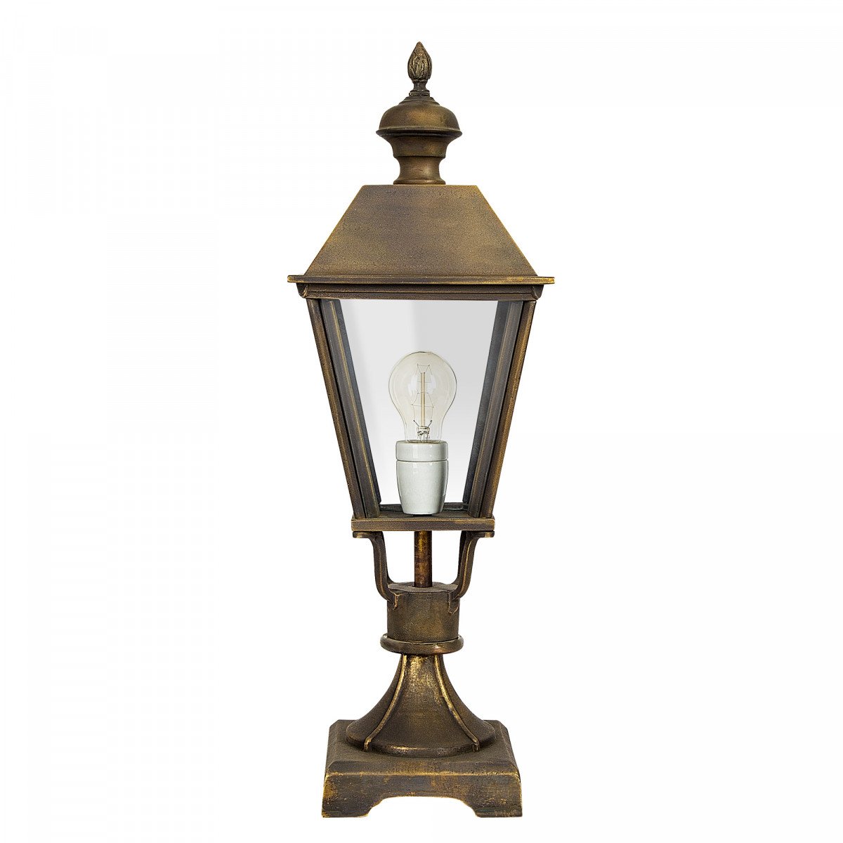 tuinlamp brons strak klassieke buitenlamp, sokkel, lantaarn, Halle S, bronzen strak klassieke buitenverlichting, onderhoudsvrije buitenverlichting, bronzen vierkante lamp voor poer of zuil van KS Verlichting