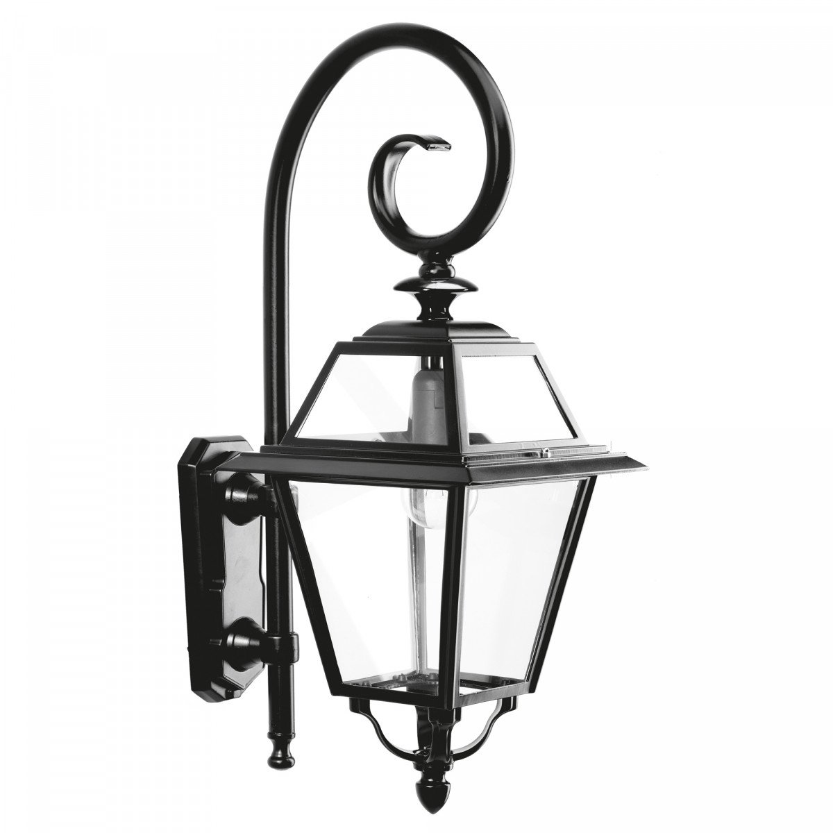 Buitenlamp Amstelrade, strak klassiek vormgegeven zwarte wandlantaarn met heldere beglazing, stijlvolle wandsteun met grote krul, gevel verlichting