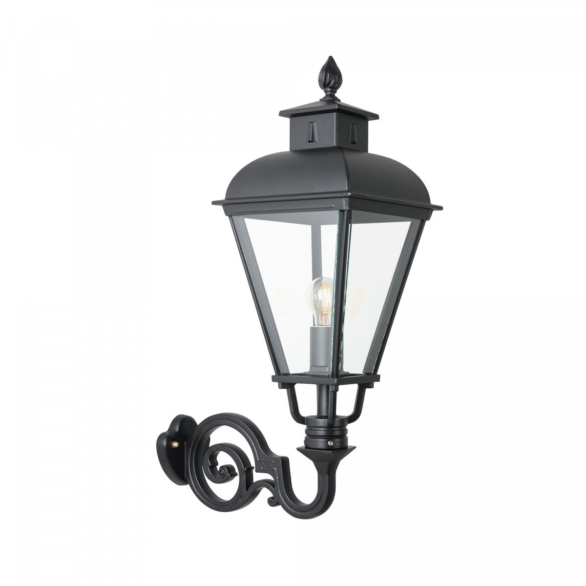 Klassieke muurlamp Vondel A in vierkante vorm en sierlijke details uitgevoerd in zwarte kleur