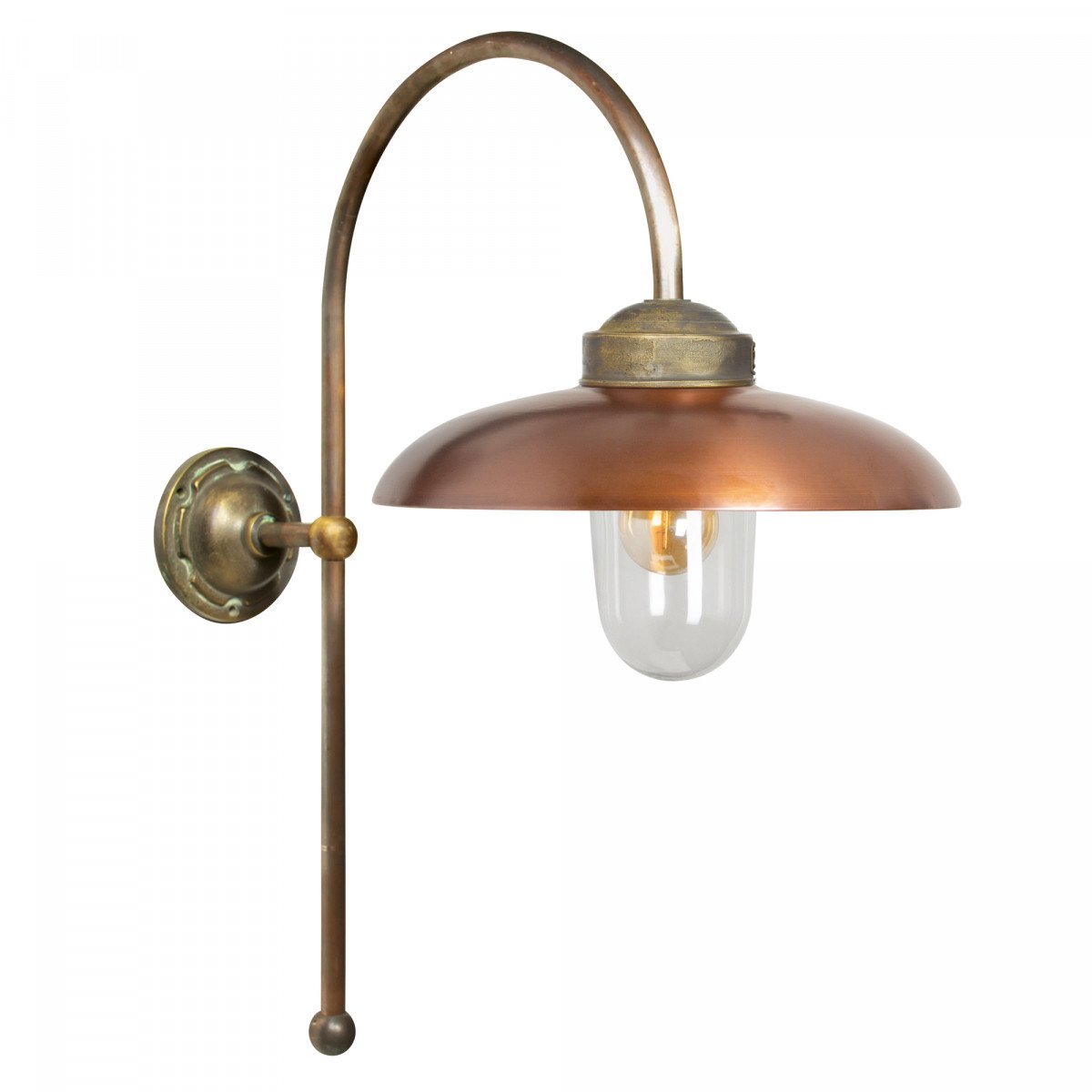 Landelijke buitenlamp Saint Tropez L met bronzen wandarm, koperen kap en heldere glazen stolp – KS Verlichting