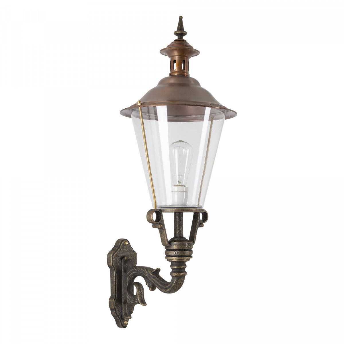 Buitenlamp Enkhuizen Brons met koperen deksel en bronzen wandarm
