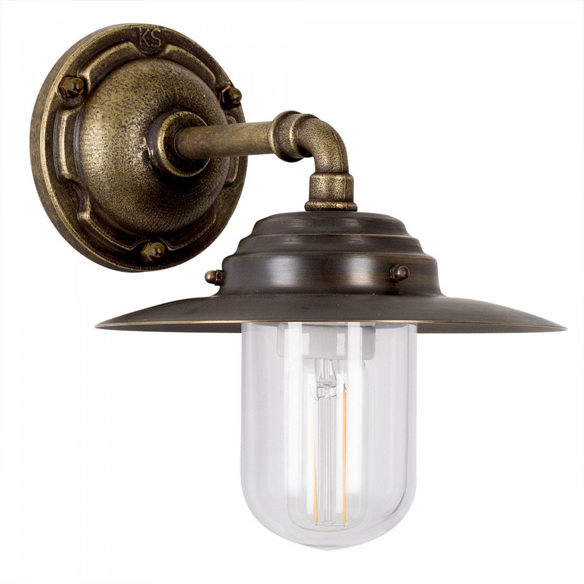 Stoere bronzen buitenlamp Dijon met compacte wandarm, helder stolpglas geschikt voor gevelmontage.