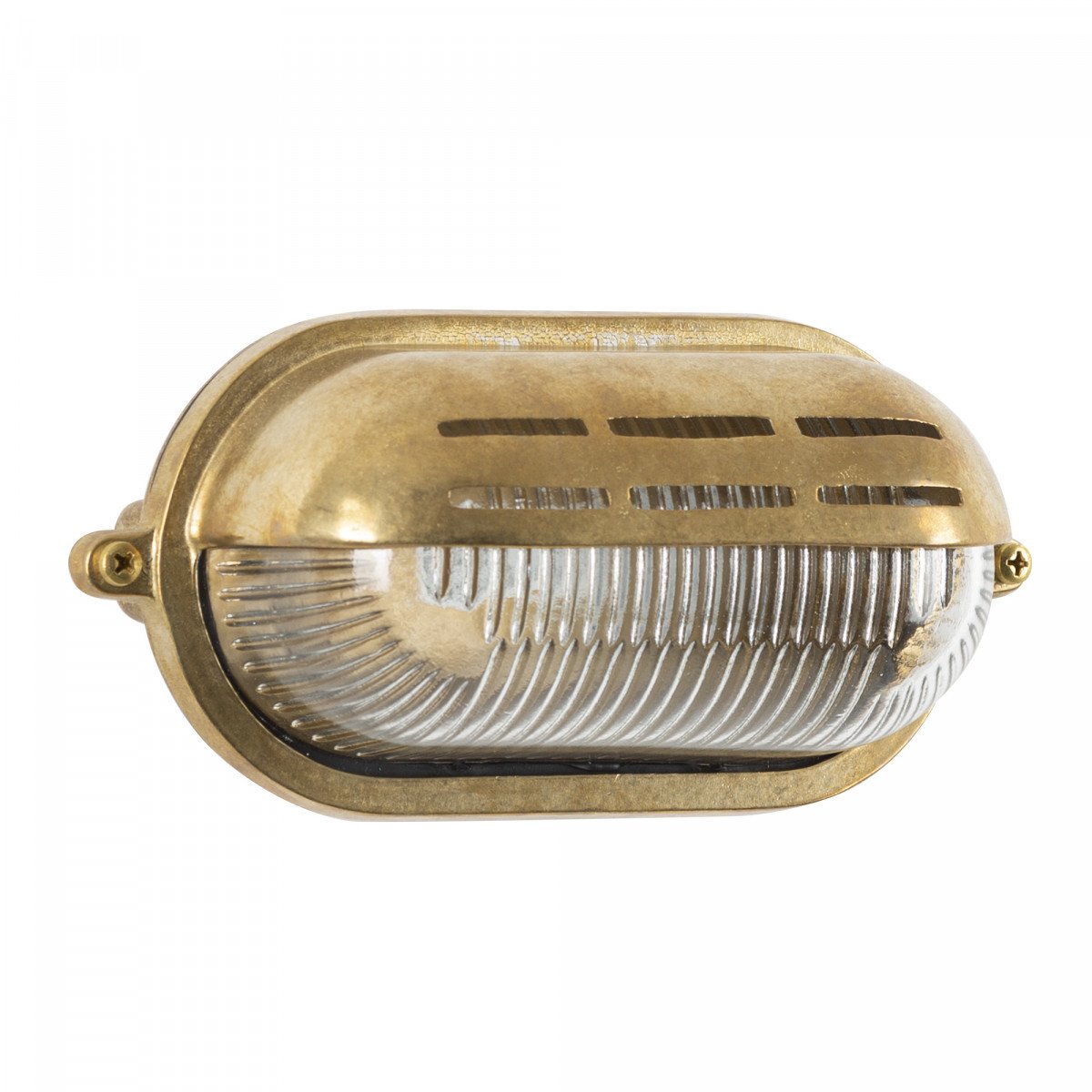 Messing scheepslamp Gulf 2 – maritieme buitenlamp met ribbelglas en beschermkap.