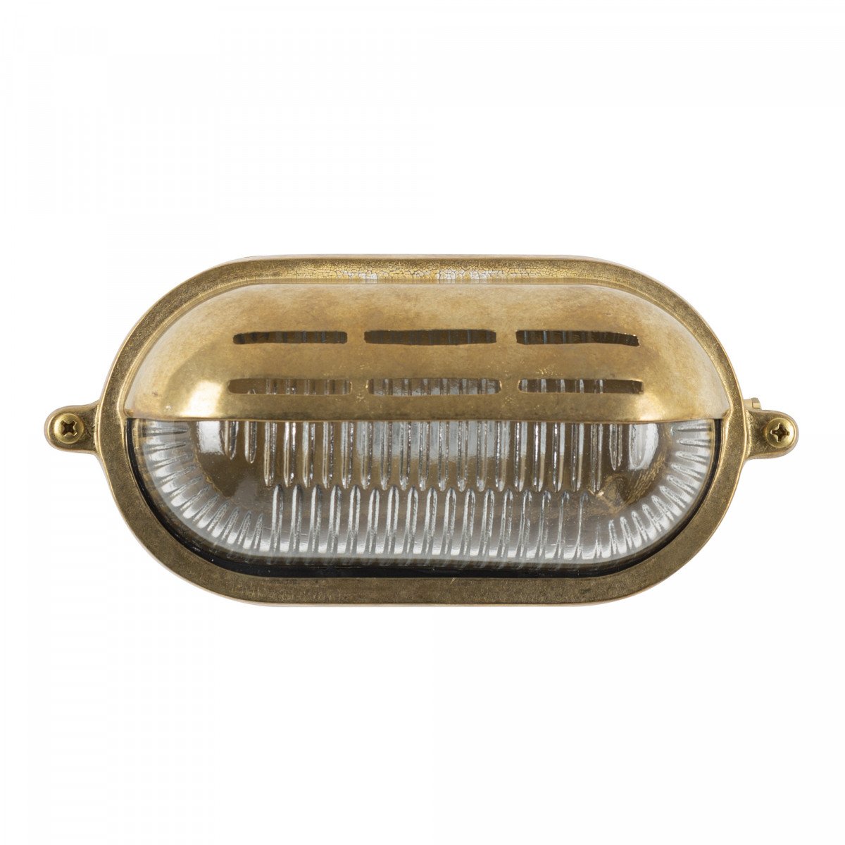 Messing scheepslamp Gulf 2 – maritieme buitenlamp met ribbelglas en beschermkap.