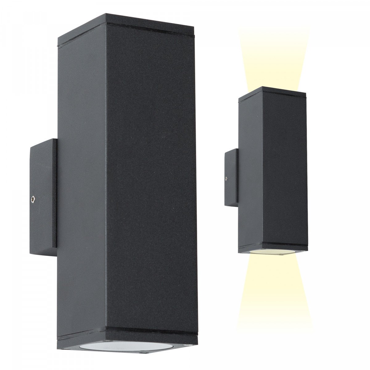 Kevin wandlamp zwart aluminium, up & down buitenlamp met 2x GU10 fitting en IP54-classificatie. Strakke muurspot.