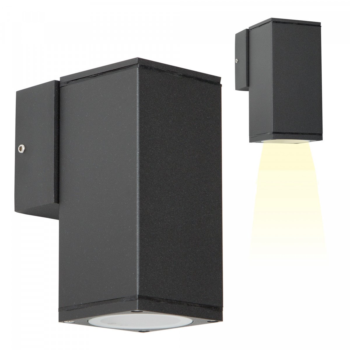 Kevin wandlamp down zwart aluminium, compacte buitenlamp met GU10 fitting en neerwaartse lichtbundel. IP54 wandspot.