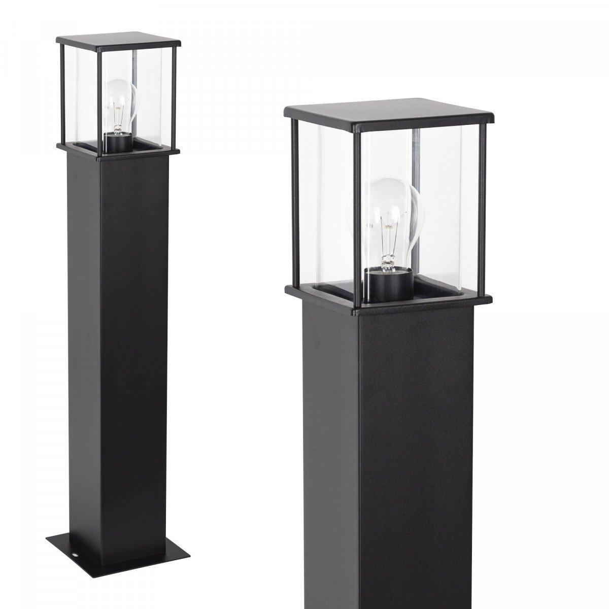 Zwarte tuinlamp 70 cm hoog strak design verlichtingsarmatuur voor buiten vierkante paal met box design lantaarnkap met heldere beglazing rondom lichtval