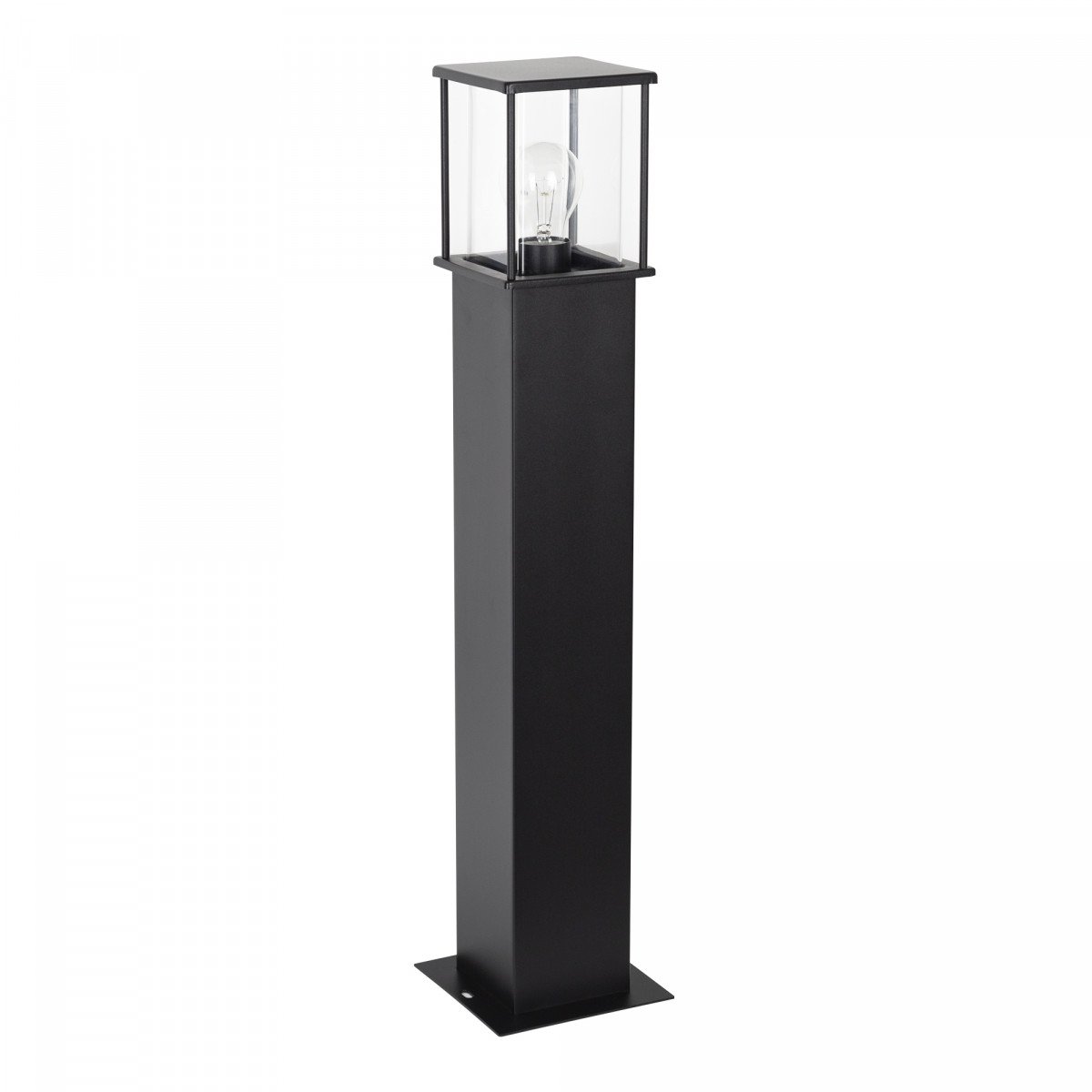 Zwarte tuinlamp 70 cm hoog strak design verlichtingsarmatuur voor buiten vierkante paal met box design lantaarnkap met heldere beglazing rondom lichtval