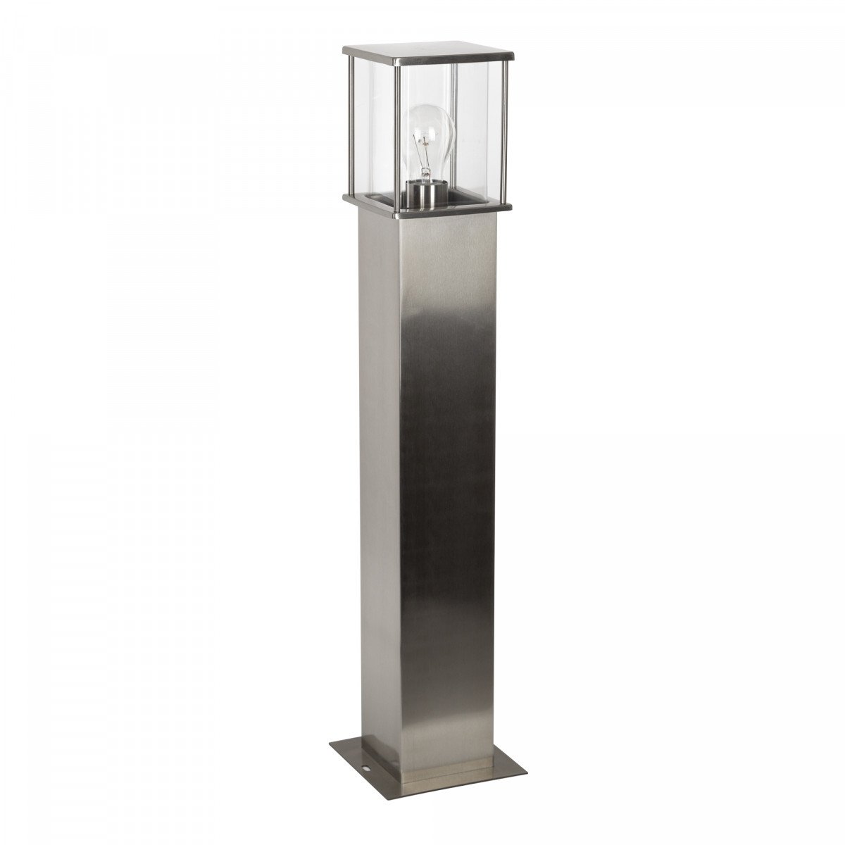 rvs tuinlamp, staande buitenverlichting, vierkante paal met box design lantaarnkap, heldere beglazing, rondom lichtval, E27 fitting, 70cm hoog