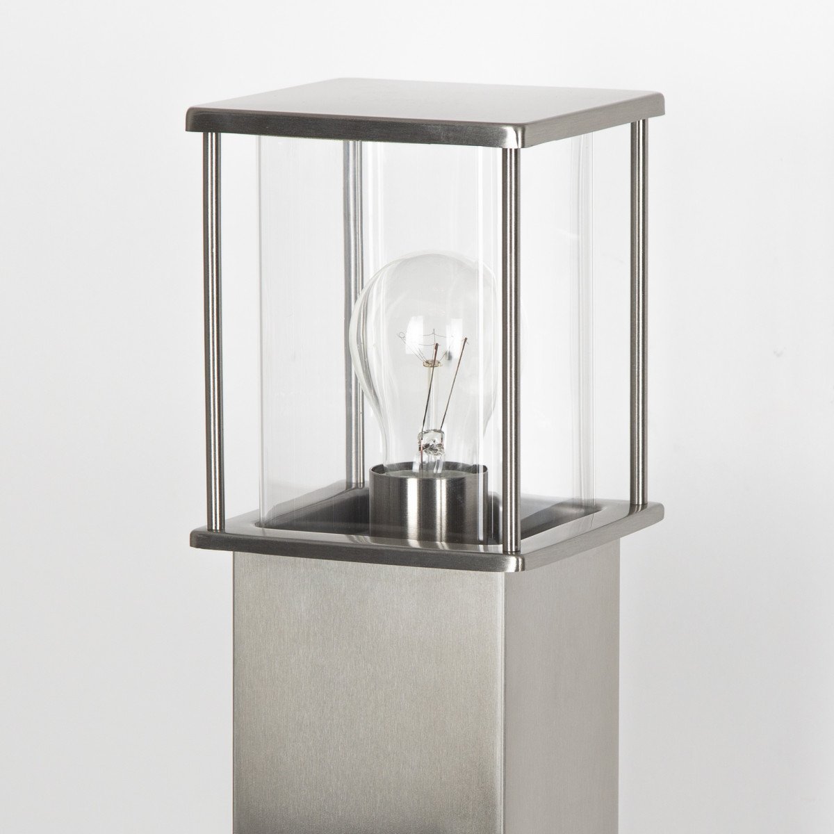 rvs tuinlamp, staande buitenverlichting, vierkante paal met box design lantaarnkap, heldere beglazing, rondom lichtval, E27 fitting, 70cm hoog