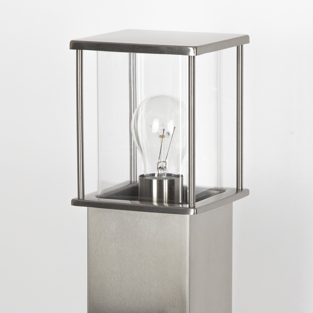 rvs vierkante paal met box design lantaarnkap, heldere beglazing, rondom lichtval, E27 fitting, 70cm hoog