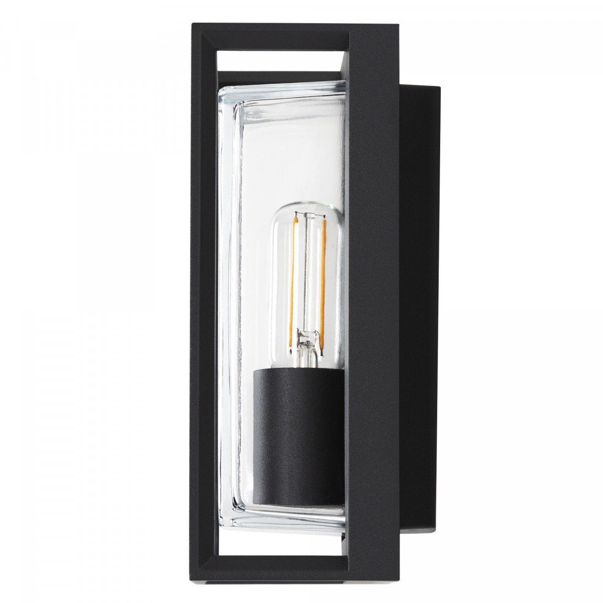 Eaton wandlamp zwart aluminium, buitenlamp met E27 fitting en borosilicaat glas voor moderne gevelverlichting.