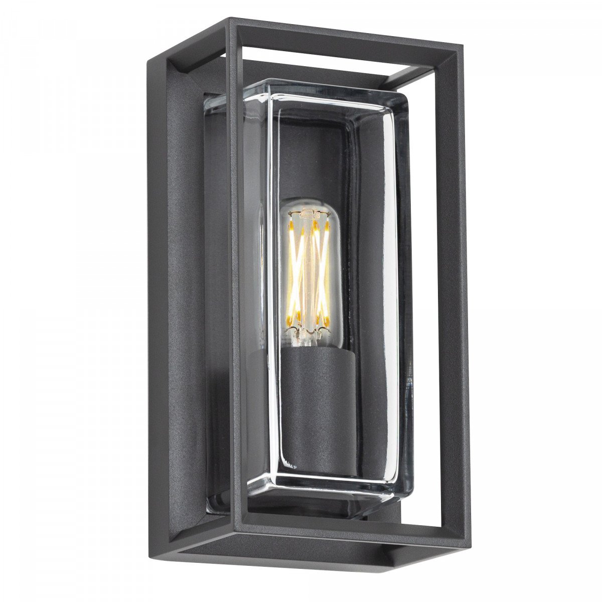 wandlamp voor aan de buitenmuur, box design, strak moderne buitenverlichting voor aan de wand, antraciet frame en heldere beglazing