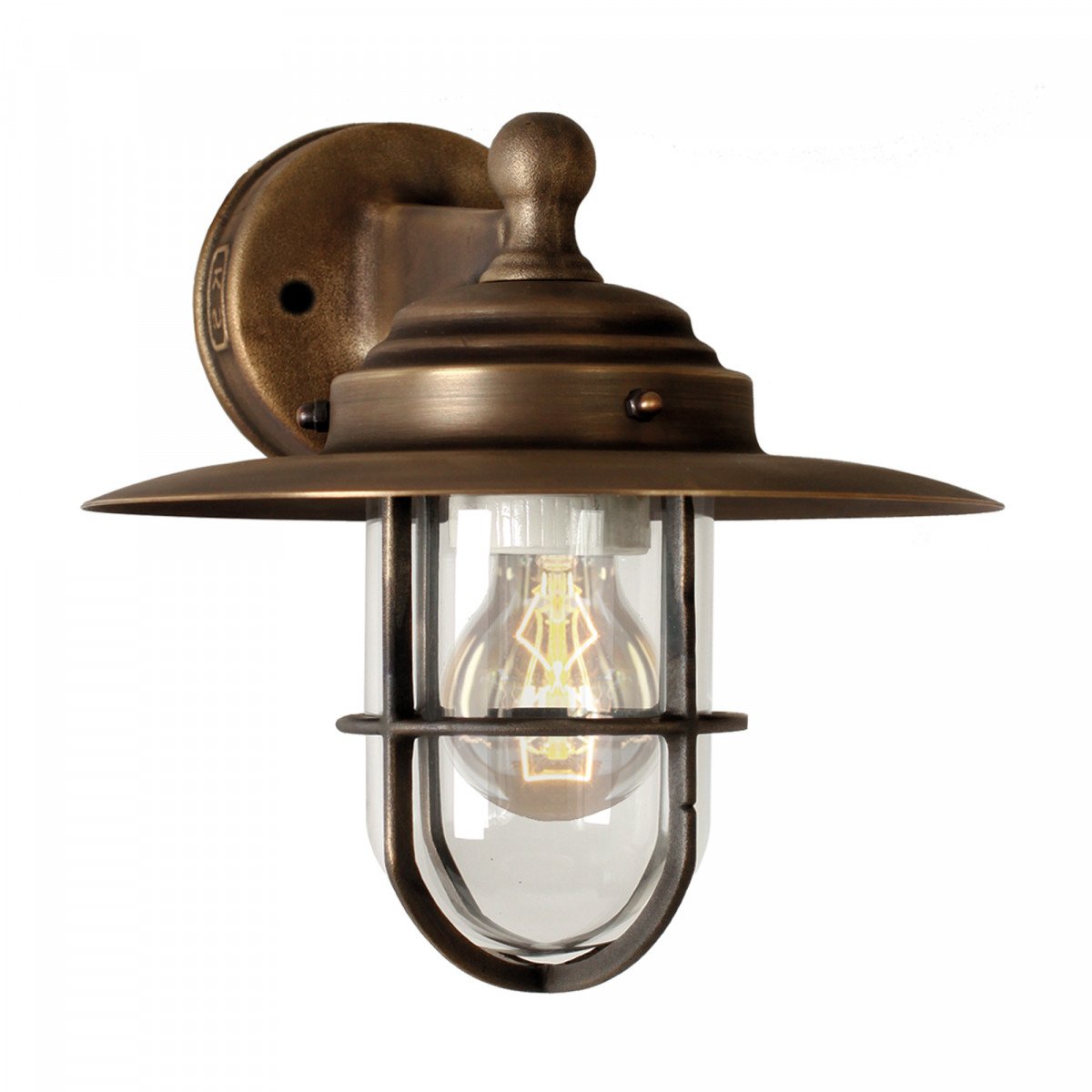 Bronzen wandlamp Labenne met helder stolpglas, beschermend raster en koperen kap – duurzame buitenverlichting van KS.