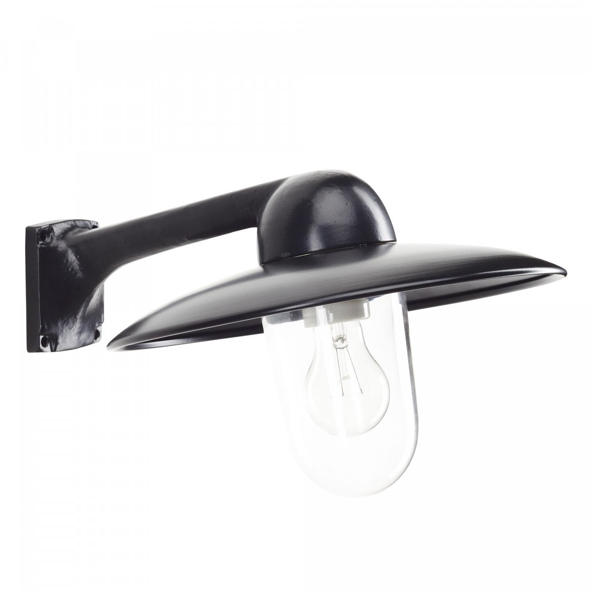 Zwarte Fabrique wandlamp met aluminium arm en kap in zijdeglans poedercoating, voorzien van helder glas. 