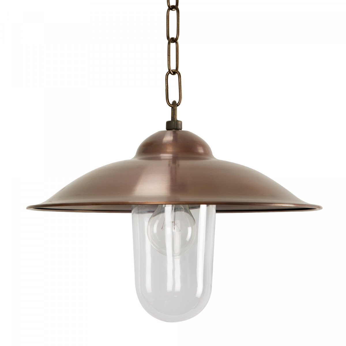 Vienna kettinglamp met koperen kap, helder stolpglas en E27 fitting – klassieke hanglamp voor overdekte buitenruimtes