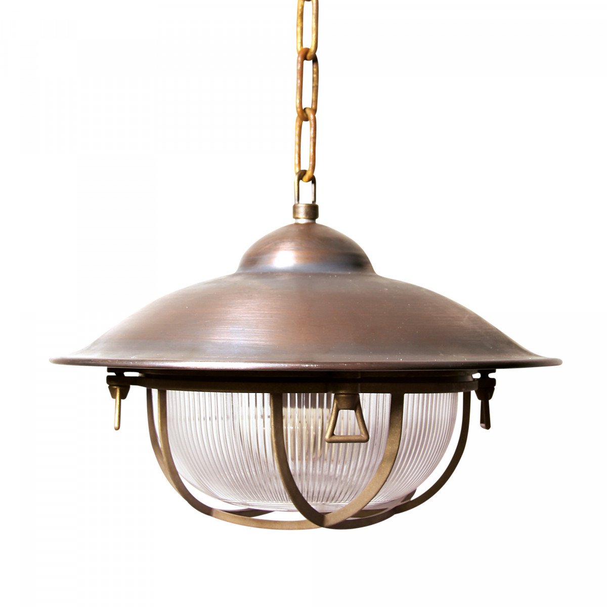 Kettinglamp Cargo van brons en koper met ribbelglas en siermoeren – landelijke hanglamp voor veranda of overkapping.