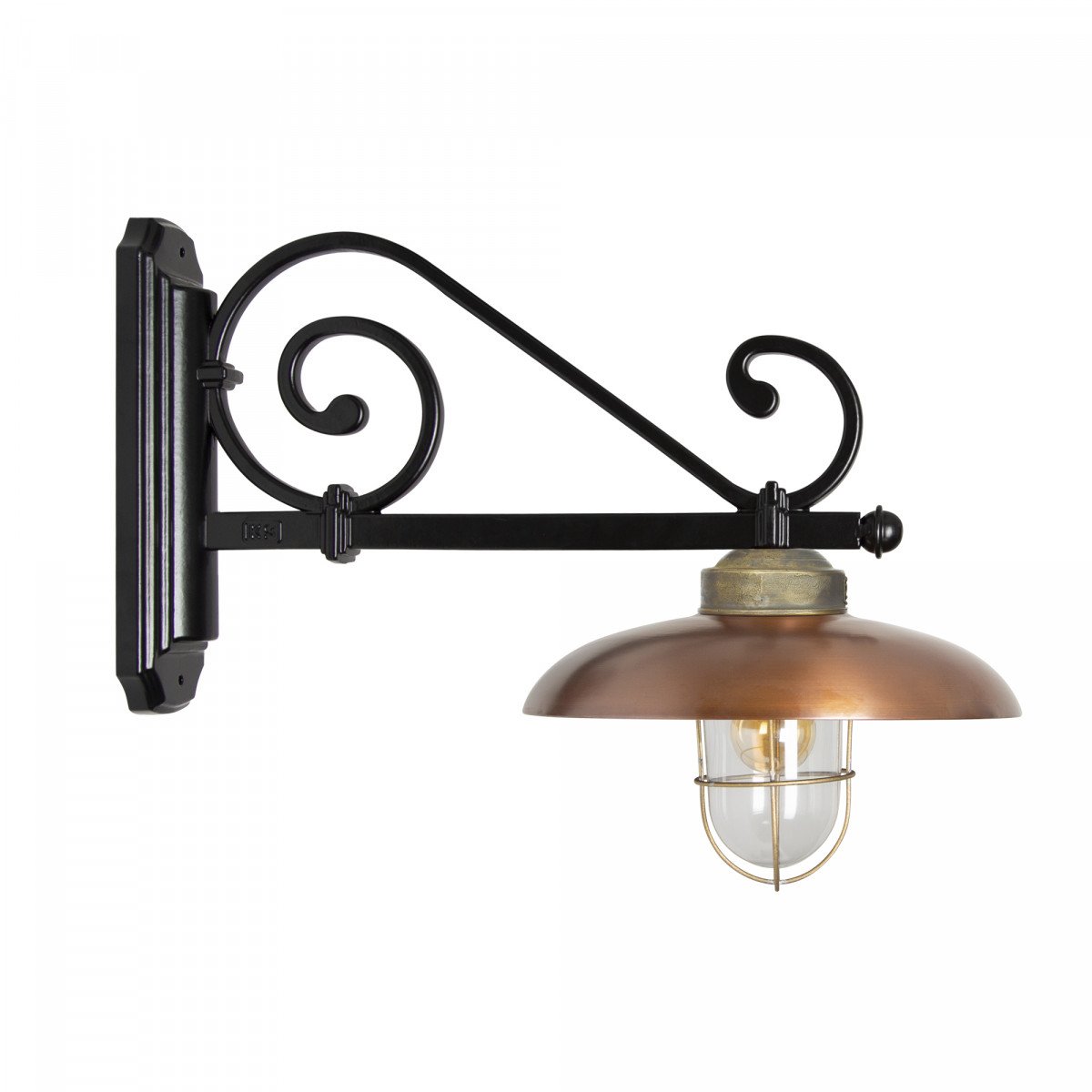Rennes XL wandlamp met sierlijke aluminium wandsteun, koperen kap en helder glazen stolp, klassieke buitenlamp