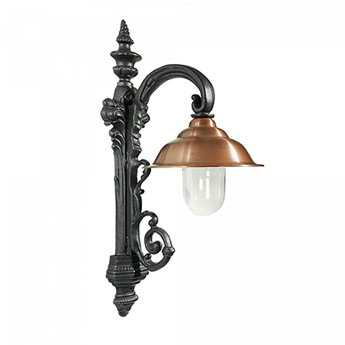 Wandlamp Calais L met sierlijk antraciet armatuur, koperen kap en helder stolpglas, KS buitenlamp voor grotere gevels