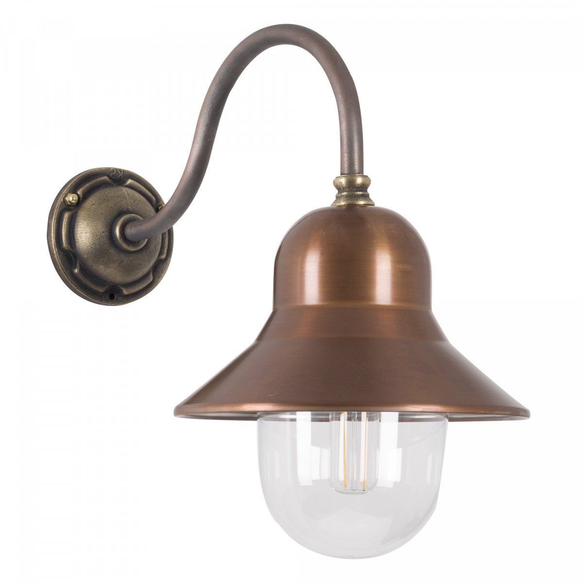Buitenlamp Evian met golvende koperen kap, bronzen arm – klassieke wandlamp in landelijke stijl