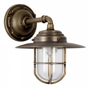 Buitenlamp Tour met bronzen wandarm, koperen kap, helder stolpglas en beschermend raster.