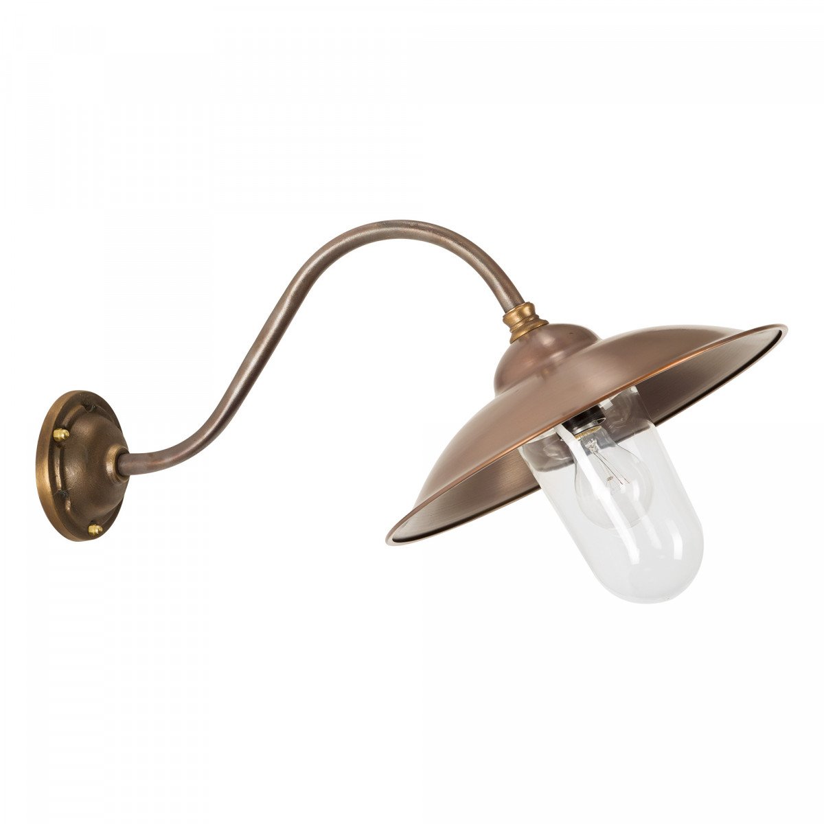 Vienna II stallamp met bronzen zwanenhals en koperen kap, klassieke buitenlamp met helder glas en E27 fitting.