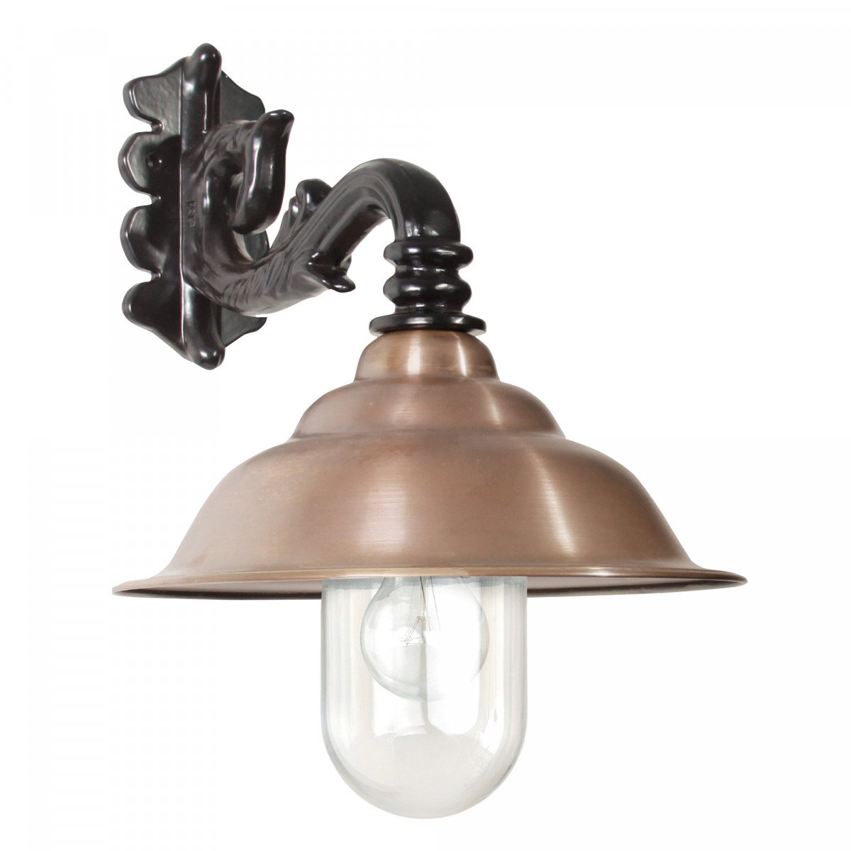 Stallamp Chateau met aluminium wandarm, koperen kap en glazen stolp – klassieke wandlamp van KS Verlichting