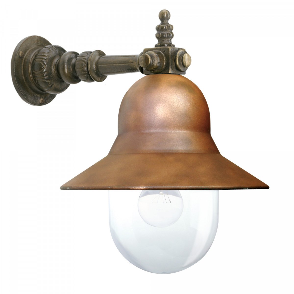 Buitenlamp Bretagne wandmodel met bronzen arm, koperen kap en heldere kunststof stolp – klassieke KS buitenverlichting