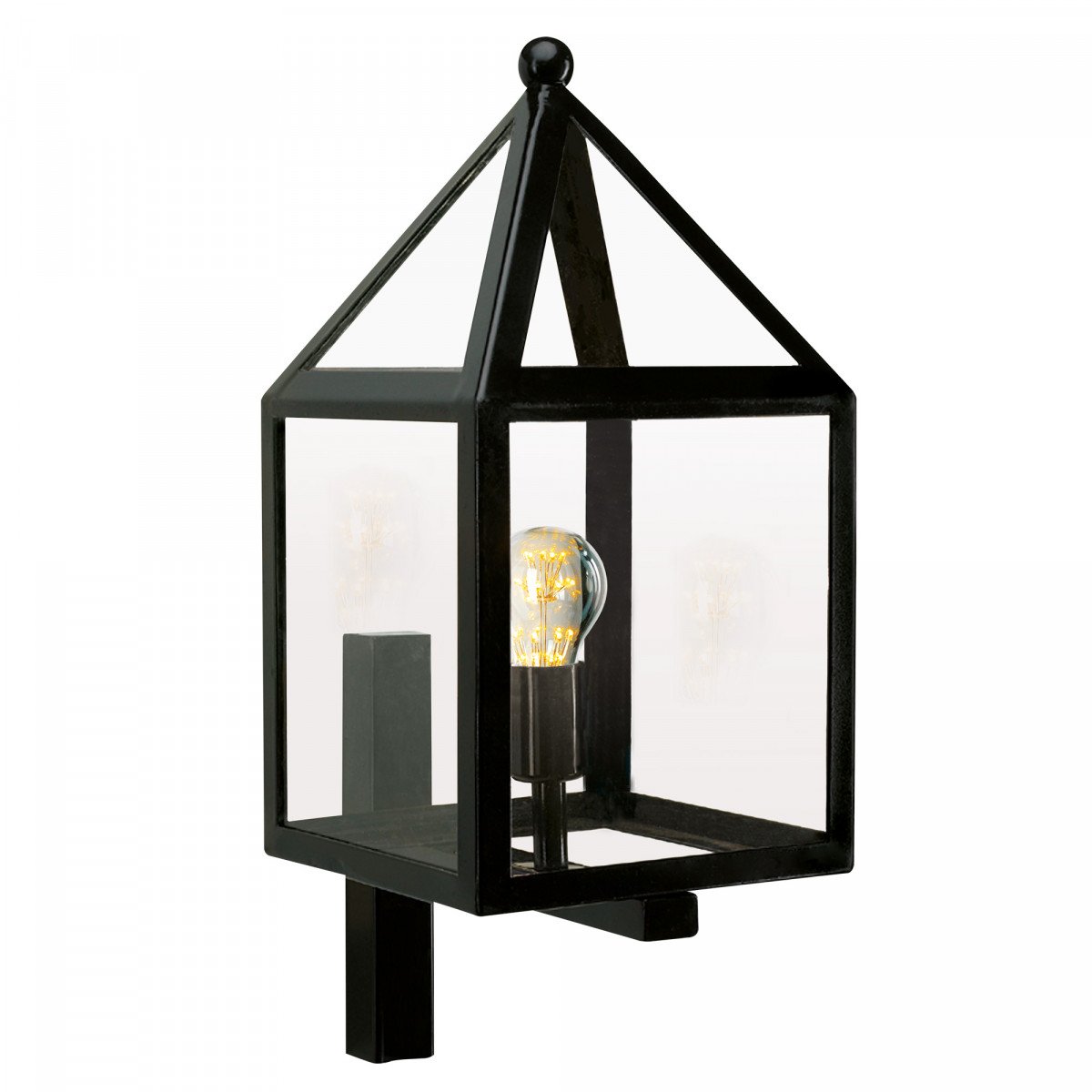 Zwarte wandlamp voor buiten zwart rvs frame en wandsteun, heldere beglazing, huis model,  gooise stijl klassiek moderne buitenverlichting