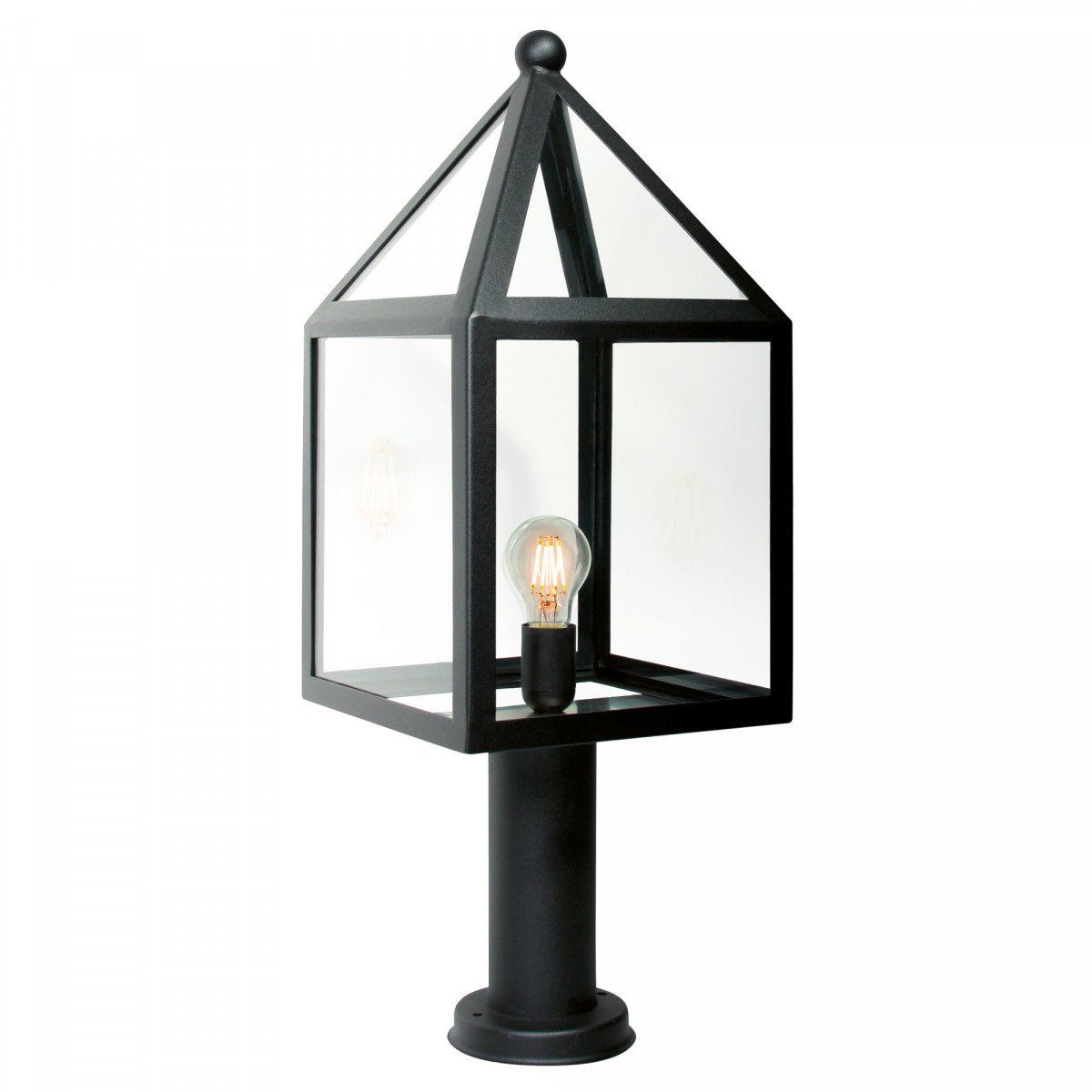 tuinlamp leusden een sokkel lantaarn ronde voet totaal 65cm hoog breedte lantaarnkap 25cm, zwart frame model huis, heldere vensters, lichtbron zichtbaar