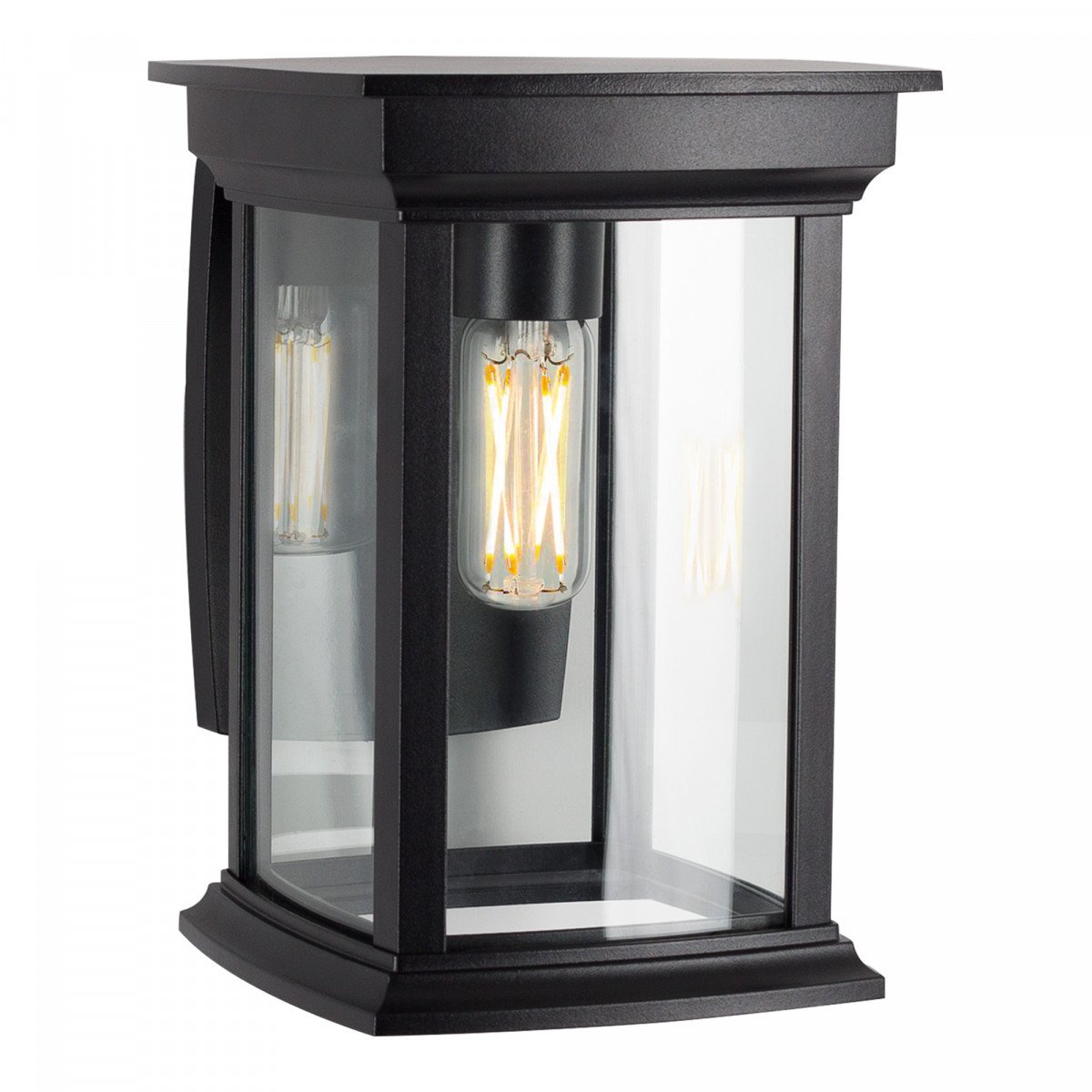 Zwarte wandlamp voor buiten, vierkante muursteun, lantaarnkap met zwart frame en heldere ruitjes, lichtbron boven in de kap, zichtbaar in het armatuur
