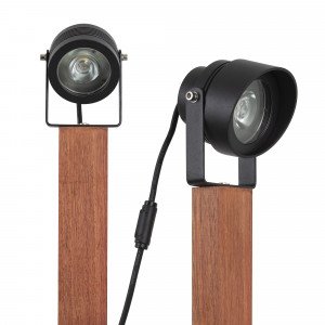 Richtbare LED tuinspot draaibaar en kantelbaar in matzwarte kleur op houten sokkel Richtbare LED tuinspot draaibaar en kantelbaar in matzwarte kleur op houten sokkel