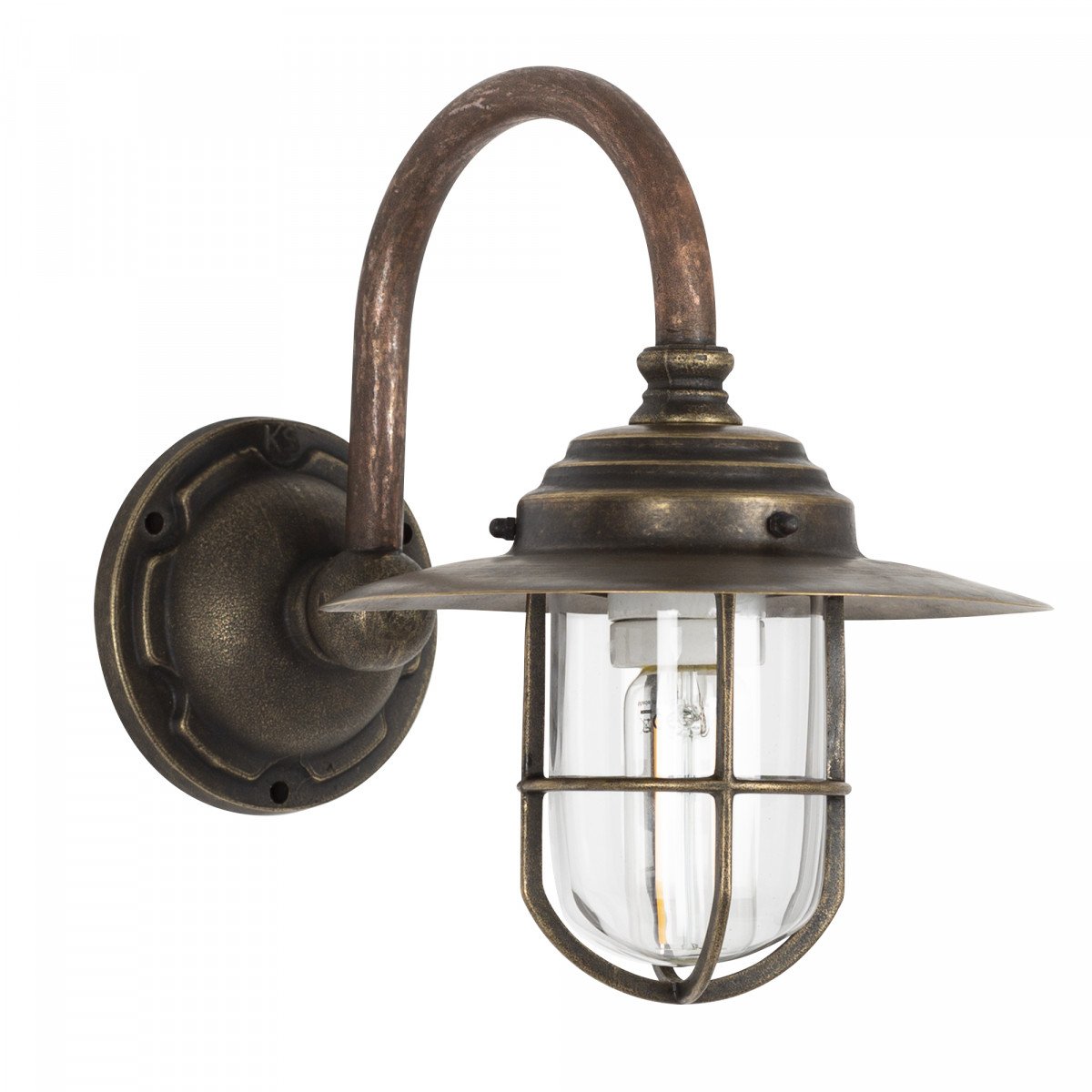 Klassieke wandlamp Barro met bronzen muurplaat, koperen kap, boogarm, raster rond helder stolpglas, duurzame verlichting