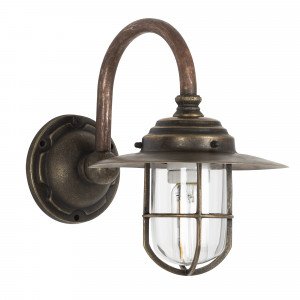 Klassieke wandlamp Barro met bronzen muurplaat, koperen kap, boogarm, raster rond helder stolpglas, duurzame verlichting